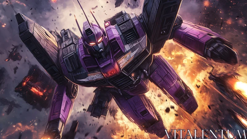 Purple space mech diving through a fiery cosmic battle.