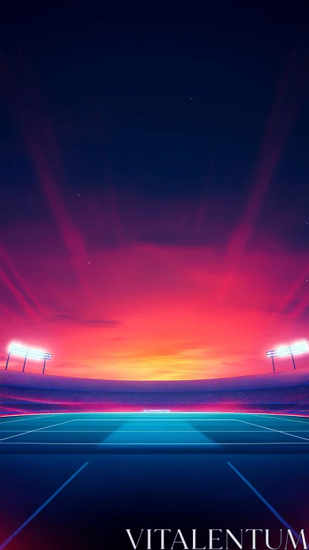 Neon gradient stadium arena with luminous horizon backdrop.