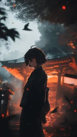 Volumetric-lit shrine approach with ember-eyed anime figure.