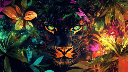 Neon Lion Portrait Surrounded Luminous Tropical Flora