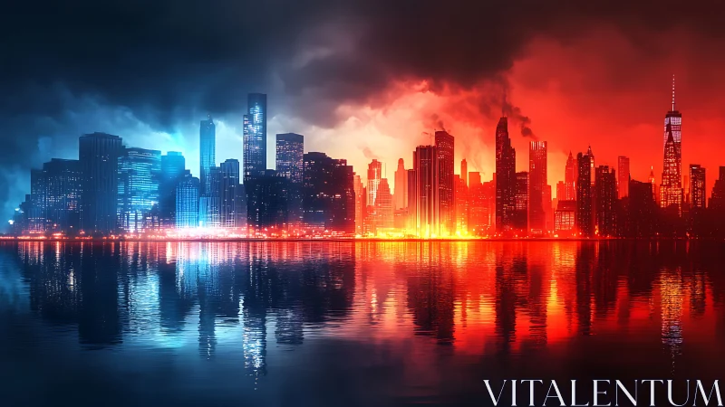 Bicolor city skyline with blue and red illuminated waterfront.