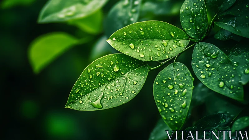 Verdant leaves with rain droplets in soft macro focus.