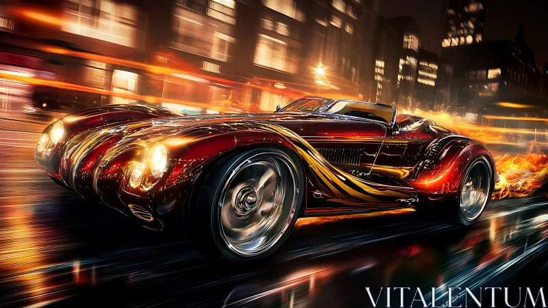 Flaming retro supercar streaks through neon city streets.