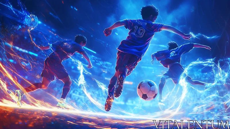 Soccer players sprint through neon fire and water effects