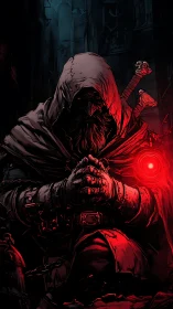 Dark hooded sorcerer holding red orb in ruined city.