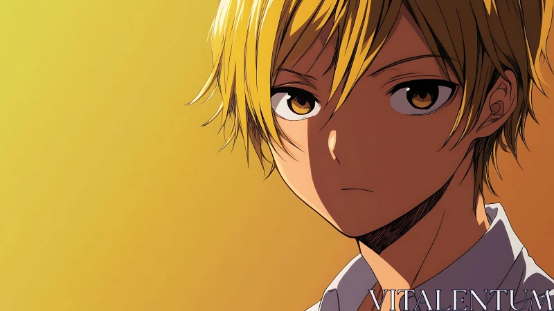 Quiet golden-haired anime boy in gentle evening light.