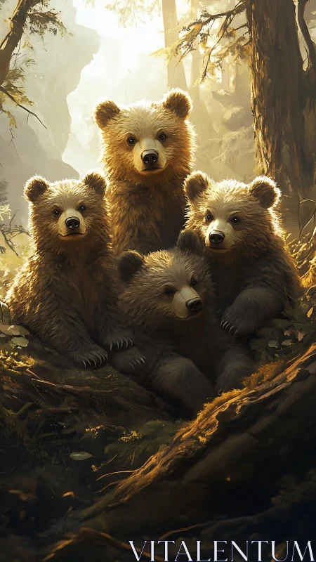 Bear cub quartet in dappled golden forest light.