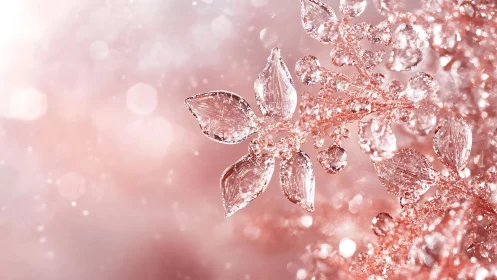 Close-up view of translucent crystal leaves on pink bokeh.