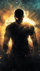 Fiery superhuman silhouette dissolving into molten embers.