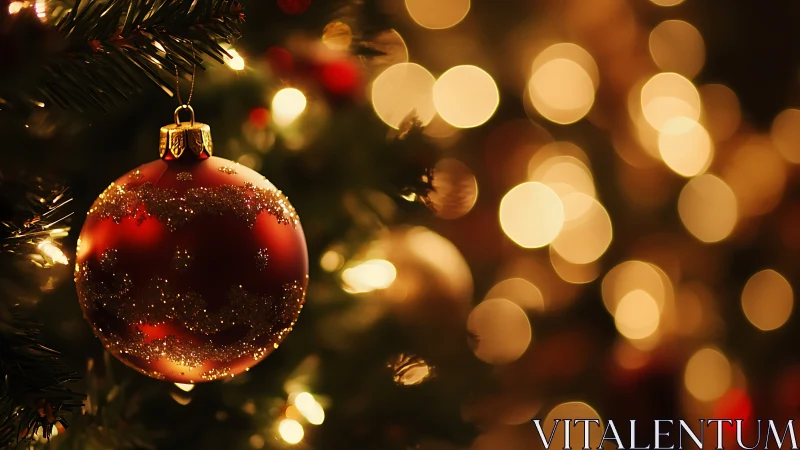 Red glass ornament hangs on tree amid blurred warm lights