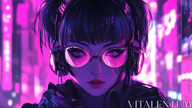 Neon city girl with glowing headphones and soft pink gaze.