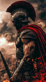 Armored warrior in profile stance amid dense smoke and fire