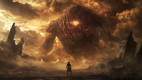 Colossal molten-eyed titan confronts lone figure in ruined cityscape