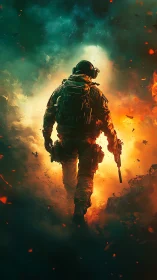 Soldier strides through inferno with teal smoke contrast.