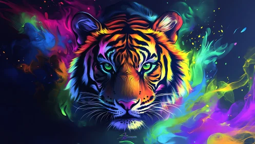 Multicolor digital tiger portrait with abstract neon smoke.