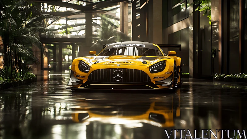 Golden racing beast prowls a glossy tropical courtyard.