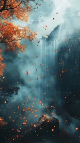 Mystic waterfall veiled in mist with drifting ember leaves.