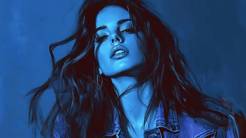 Midnight blue muse in windswept neon portrait glow.