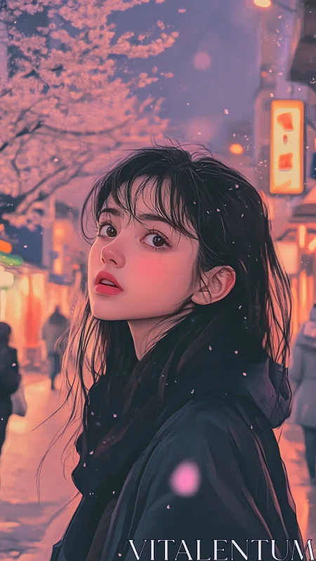 Soft evening portrait captures girl under glowing sakura