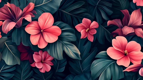 Coral Floral Composition with Teal Foliage.