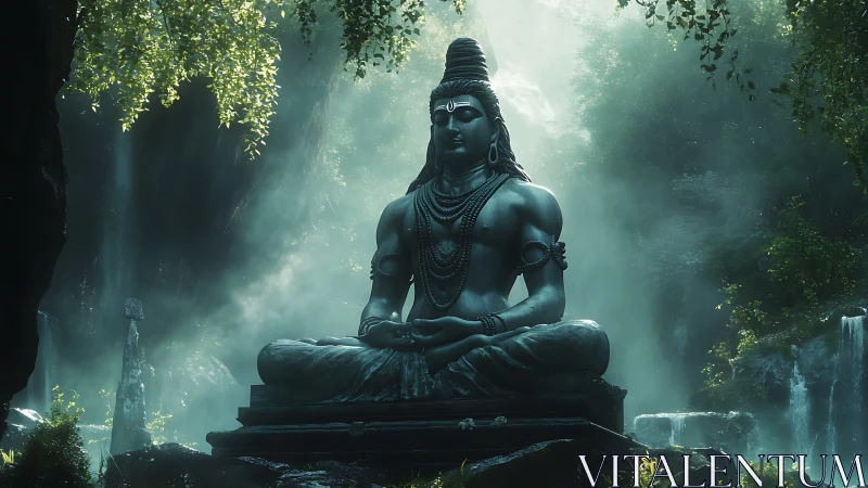 Shiva statue in misty forest sanctuary with waterfalls.