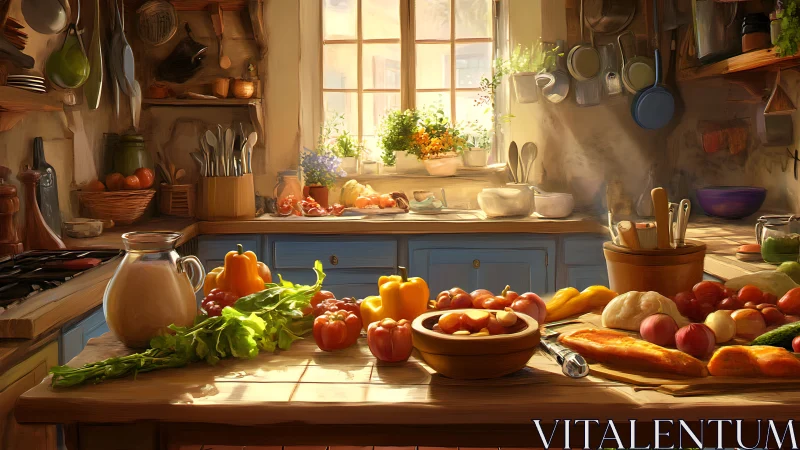 Sun-dappled cottage kitchen staging a rustic veggie chorus.