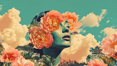 Cloud-kissed muse blooms through coral peony daydreams