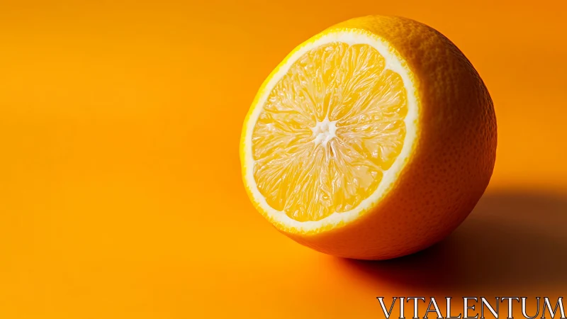 Cross-sectioned citrus half on uniform orange backdrop.