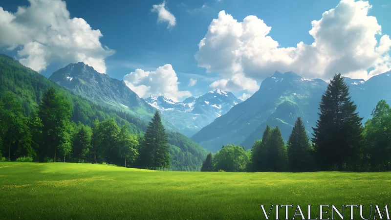 Soft summer meadow cradled by bright, cloud-kissed mountains.