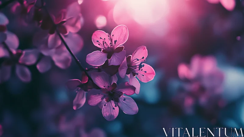 Pink blossoms glowing in twilight haze.