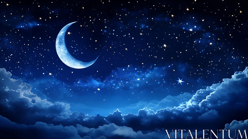 Crescent moon glows above luminous clouds and starlit sky.