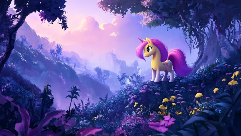 Chromatic unicorn surveying bioluminescent valley ecology.