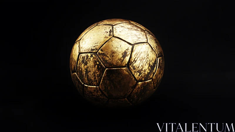 Weathered metallic gold soccer ball on deep black background