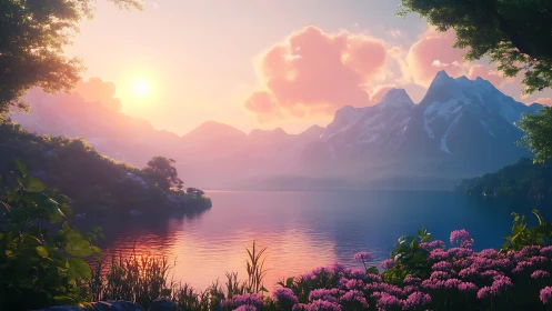 Luminous alpine lake at sunset with florid foreground reflections.