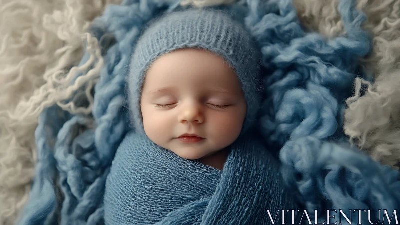 Sleeping newborn wrapped in blue knit textiles and bonnet