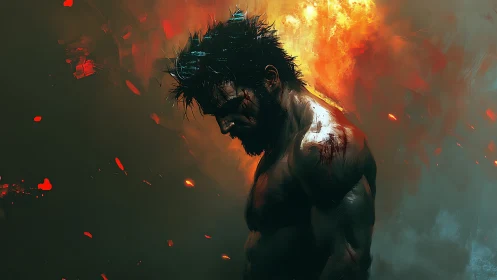 Battle worn male warrior in profile, backlit by explosive fire