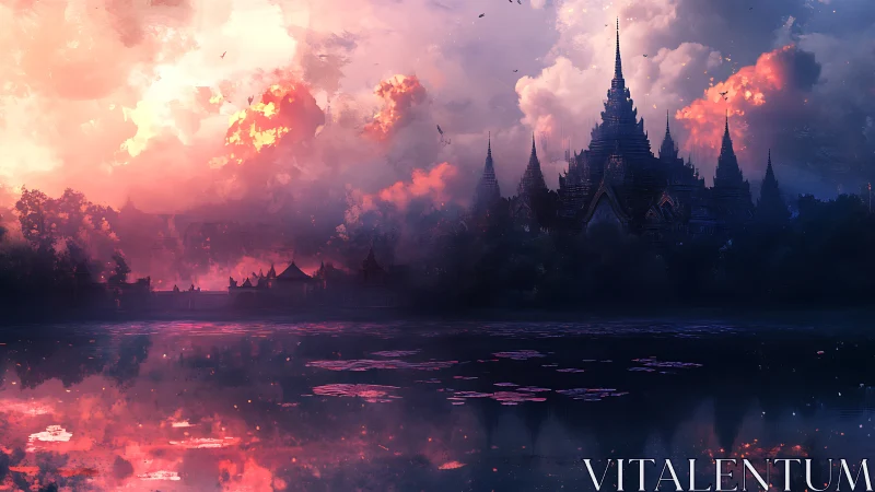 Spired temple complex stands across reflective lakeside at dusk