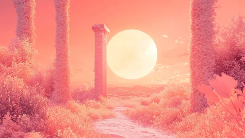 Infrared ruin gateway beneath oversized pastel sun disc