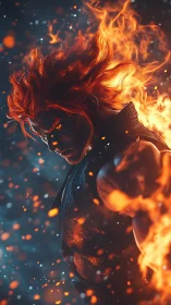 Flame‑wreathed warrior profile in dynamic bokeh inferno lighting