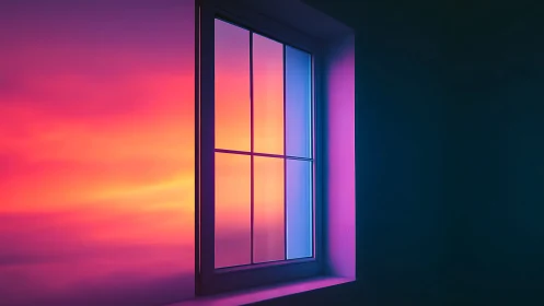 Rectangular window frame against gradient sunset sky.