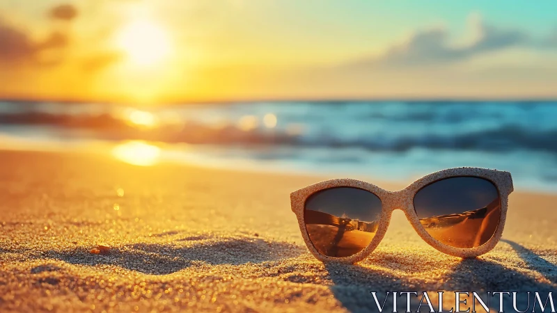 Sandy sunglasses cradle a melting sunset on the quiet shore