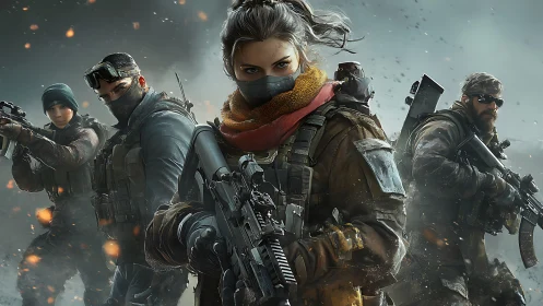 Four armed soldiers stand in formation within a smoky battlefield