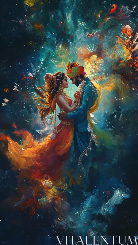 Two Figures in Ornamental Dress Surrounded by Fluid Abstraction.