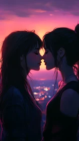 Backlit couple in close silhouette against neon-gradient sunset sky