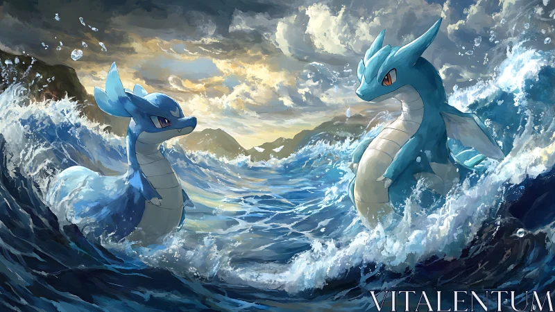Twin aquatic dragon creatures in storm-tossed seascape showdown