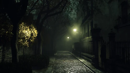 Soft lamplight on a misty cobblestone night walk street.