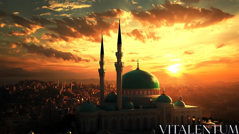 Sunlit mosque skyline under dramatic golden sunset sky.