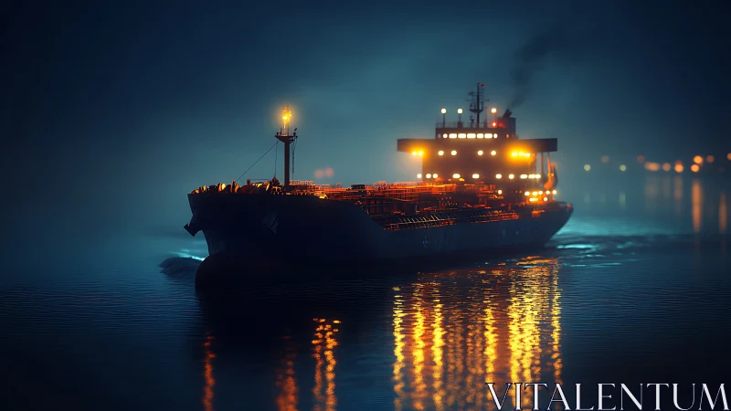 Midnight tanker glows like a drifting city of sparks.