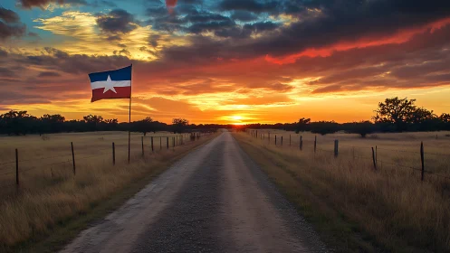 Lone star road dissolving into a wildfire Texas sunset.