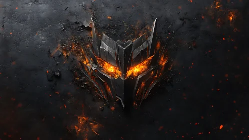 Molten steel demon mask cracks through charred obsidian wall.